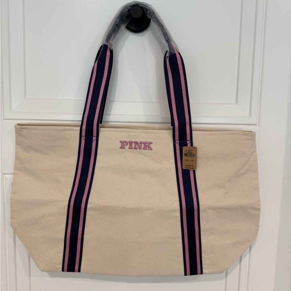 Victoria's Secret Cream Signature Canvas Tote Purple & Pink Details NWT